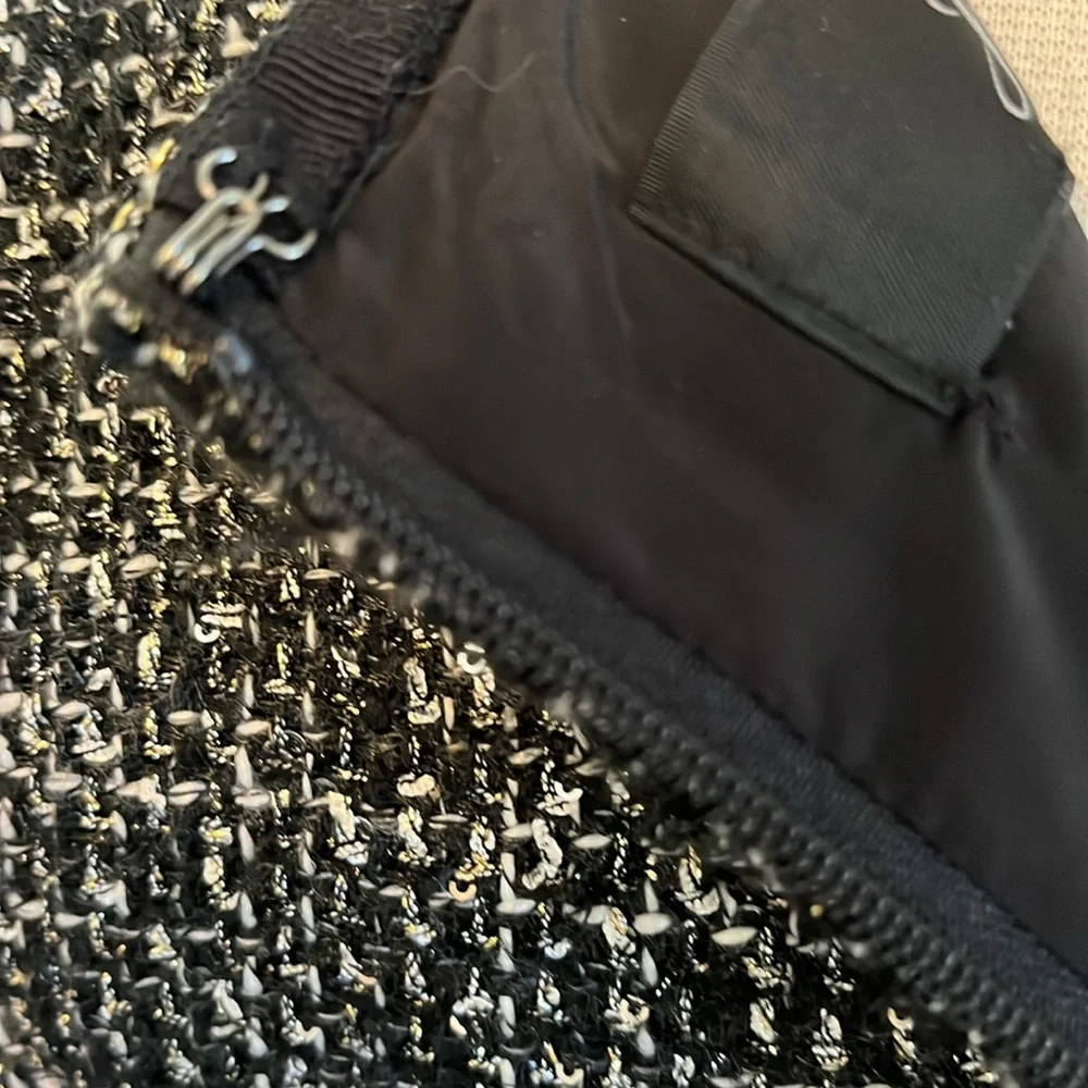 J.Crew Black/White Tweed Sheath Dress w/velvet belt,fringe detail sequins Size 4